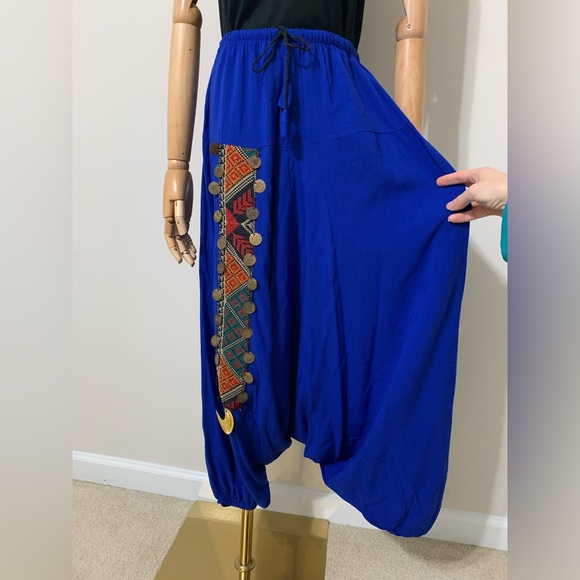 Royal Blue Triangles Hobo Embroidered Low Harem Baggy Pants - Picture 7 of 17